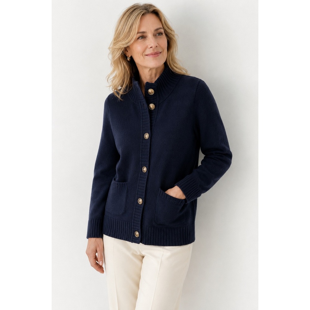 C by Bloomingdale's Cashmere 2 Ply Cardigan Womens M Navy Blue Gold Crest Button